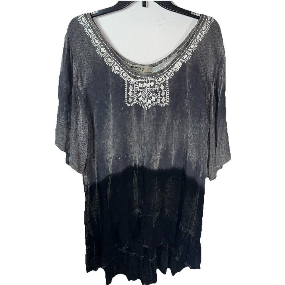 Urban Mangoz Tunic High Low Design Gray Black Flowy Cross Stitch Boat Neck Sz L